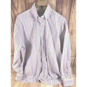 Alan Flusser Men XL Shirt Button Down Long Sleeve Striped Pink Blue Green XLARGE